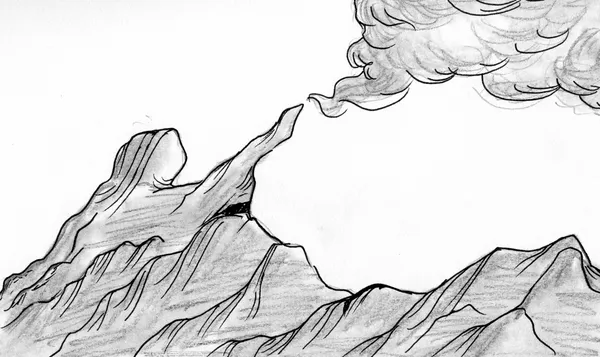 A sketch of a rock formation looking vaguely humanoid, reaching up to touch a wisp of rolling cloud reaching down toward the earth.
